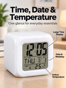 1pc Cube Digital Alarm Clock With 7 Color Changing Glow, Multifunctional LCD Clock With Time Date Week & Indoor Temperature Display, Desk Decor For Reading & Bedroom, Ideal Gift For Home Decor - multicolor - View 2