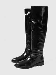 Daringsoles 亮面黑色騎士靴 女款平底膝下修身高筒靴 秋冬百搭女靴 - 黑色 - 查看 7