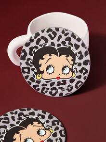Betty Boop x SHEIN 2入豹紋圓形杯墊套組 耐熱桌面杯墊 家居客廳臥室桌面裝飾 適合日常家用 - 灰色 - 查看 2