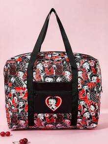 Betty Boop x SHEIN 1 Pc Cat & Mouse Cheese Themed Foldable Travel Tote Bag, Lightweight Polyester Luggage Sleeve Bag - Red black and white - View 3