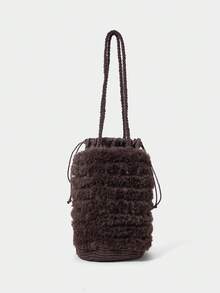 SHECARRY All Handmade Crochet Retro Plush Drawstring Bucket Bag Autumn And Winter Versatile Casual Women's Shoulder Bag - Coffee - View 1