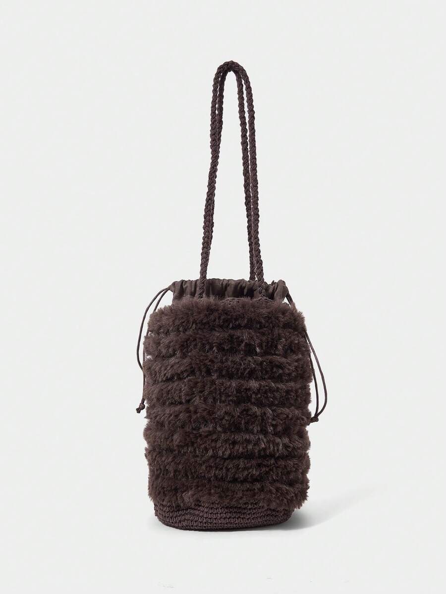 SHECARRY All Handmade Crochet Retro Plush Drawstring Bucket Bag Autumn And Winter Versatile Casual Women's Shoulder Bag - Coffee - View 1