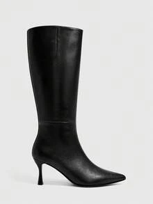 CUCCOO SZL Royal Sister Retro Style Women's Autumn And Winter Dating Banquet Soft Surface Bright Leather Solid Color Pointed Toe High Tube Rear Zipper Thin High - Black - View 2
