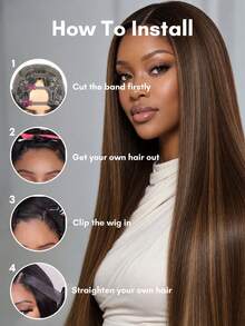 4/30 Ombre Light Brown Highlights Wig V Part Human Hair Full And Beautiful 180% Density Straight Wig Machine Made Wear And Go Black Mixed Brown Colored Wigs For Women 14-28 Inch - S4/30 - View 9