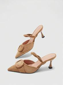 CUCCOO BIZCHIC 懶人通勤扭結綁帶尖頭酒杯跟細高跟半拖鞋 淺駝色露珠款 - 卡其色 - 查看 10
