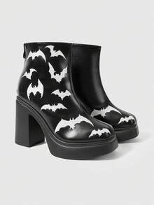 ROMWE Goth Women's Platform And Ankle Boots And Booties, Punk Style Dark Wind After Zipper Bat Embroidered Design Booties, Classic Parties, Halloween, Nightclubs - Black - View 2