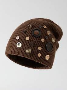 ROMWE Anime 1 Ladies Solid Button Knitted Hat Outdoor Up Adjusting Vintage Hip Hop Wool Hat - Khaki - View 1