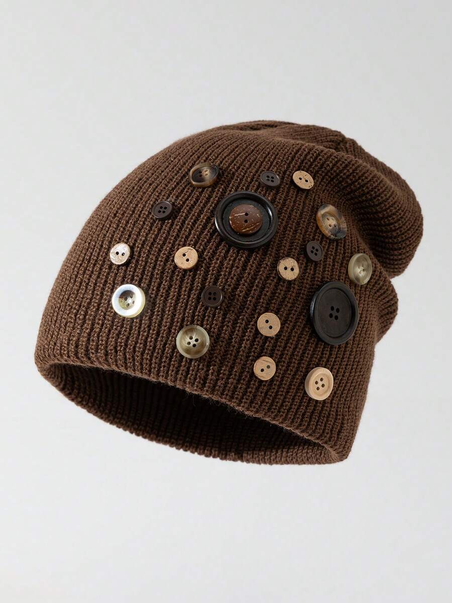 ROMWE Anime 1 Ladies Solid Button Knitted Hat Outdoor Up Adjusting Vintage Hip Hop Wool Hat - Khaki - View 1