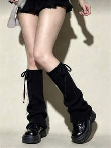 ROMWE Grunge Punk 1雙龐克風黑色長筒可堆疊秋冬襪，附綁帶防滑百搭女款腿套，適合日常穿著 - 黑腿套配綁帶 - 查看 1