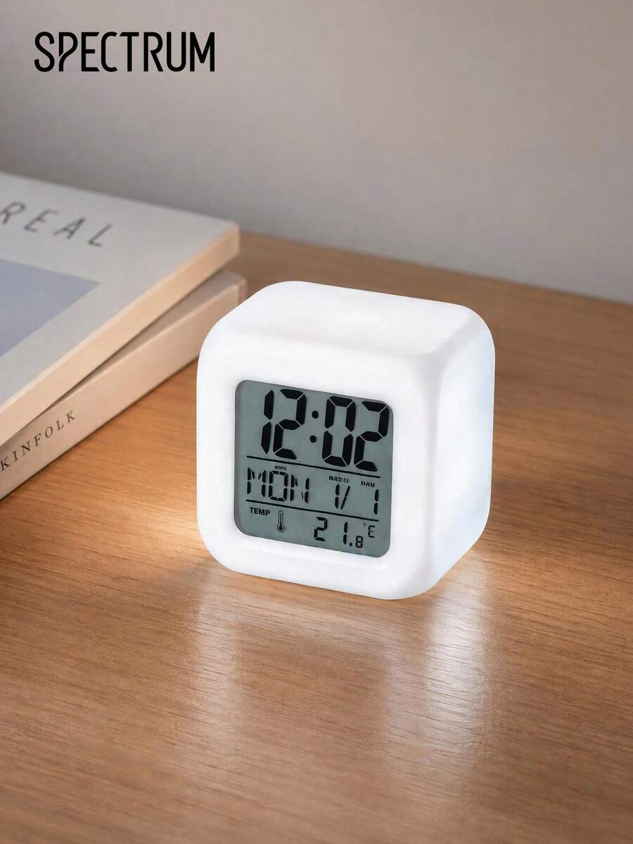 1pc Cube Digital Alarm Clock With 7 Color Changing Glow, Multifunctional LCD Clock With Time Date Week & Indoor Temperature Display, Desk Decor For Reading & Bedroom, Ideal Gift For Home Decor - multicolor - View 1