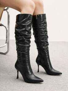 CUCCOO BIZCHIC Ladies Elegant Pointed Heel Pleated Boots Women's Boots - Black - View 1