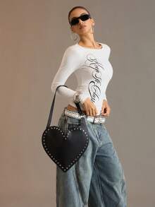 Viva Strut Women's Shoulder Bag, Black Heart-Shaped Bag, Rivet Decoration, Y2K, Sweet And Cool Babes, Large Capacity, Daily Shopping On Campus - Black - View 8