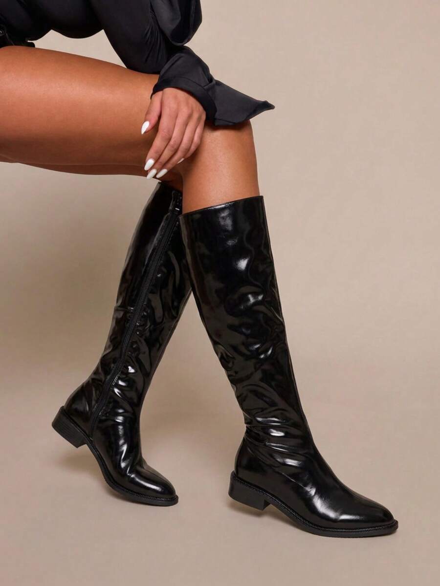 Daringsoles 亮面黑色騎士靴 女款平底膝下修身高筒靴 秋冬百搭女靴 - 黑色 - 查看 1