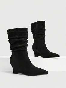 Daringsoles 女款尖頭楔跟性感側拉鍊百褶麂皮黑色前衛華麗中筒靴 - 黑色 - 查看 6