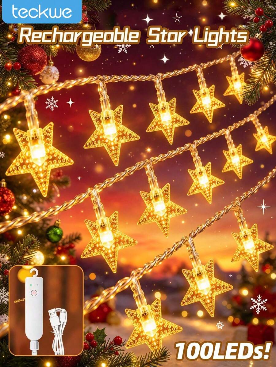 Teckwe Rechargeable Warm White Star String Lights, 100 LED Fairy String Lights IP44 Waterproof Portable Twinkle Lamp For Indoor Outdoor, Wedding Party Christmas Tree, New Year, Garden Decoration - Star - View 1