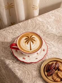 Cirelle Vintage Floral Ceramic Coffee Cup And Saucer Set, Embossed Red Flower Tea Mug With Scalloped Rim, Elegant Porcelain Cup For Latte Cappuccino, Home Table Decor & Wedding Housewarming Gift - Multicolor - View 2
