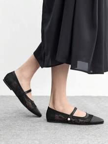 CUCCOO CHICEST 女款方頭平底黑色蕾絲珍珠字母淺口平底鞋，輕盈舒適通勤優雅瑪麗珍鞋 - 黑色!@ - 查看 7