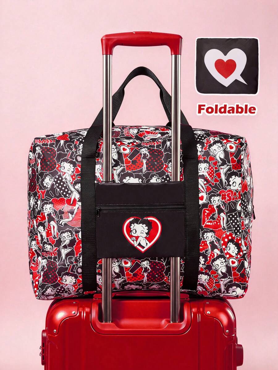 Betty Boop x SHEIN 1 Pc Cat & Mouse Cheese Themed Foldable Travel Tote Bag, Lightweight Polyester Luggage Sleeve Bag - Red black and white - View 1