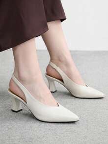 CUCCOO BIZCHIC Korean Minimalist V-Cut Slingback Apricot Pleated Glossy Pointed Toe Block Heel Half-Back Workplace Commute Versatile Back Strap Fall Shoes - Apricot - View 4