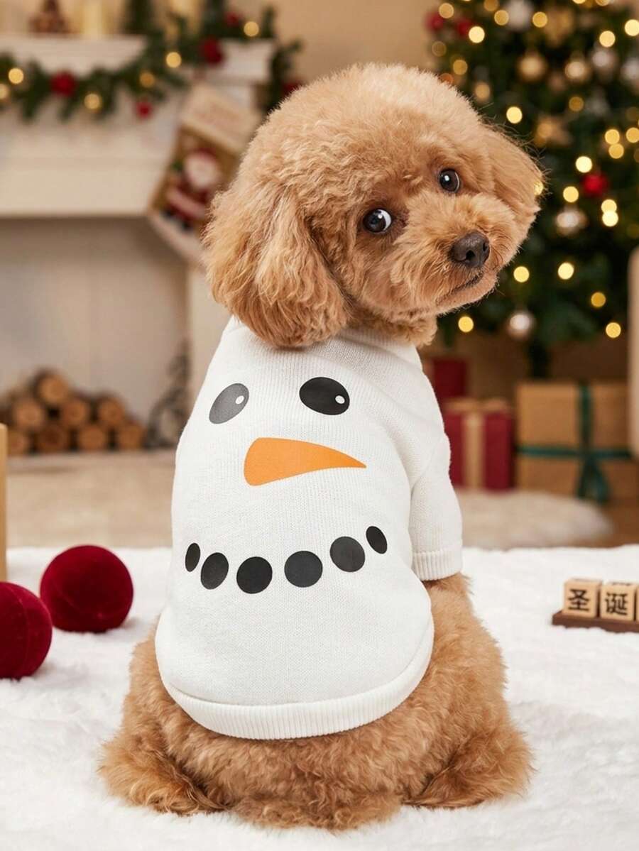 PETSIN قطعة واحدة ملابس حيوانات أليفة مطبوعة برجل الثلج الأبيض مع حروف عيد الميلاد، سميكة ودافئة - متعدد الألوان - مشاهدة 1