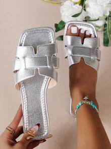 Alvarani Women's Korean Flat Slide Sandals,Open Toe Woven Roman Summer Slippers,French Outdoor Beach Sandals,Brown One Strap Flat Sandals For Dresses - Silver - View 7