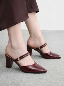 CUCCOO BIZCHIC Double Thin Belt Metal Buckle Pointed Toe Wedge Heel Middle Heel Retro Glossy Burgundy Mules Commuter Wear Slippers Fall Shoes - Burgundy - View 4