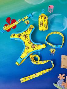 SpongeBob SquarePants | SHEIN 鮮黃色可愛正方形卡通印花寵物胸背帶，附牽繩、項圈與便便袋收納袋，貓狗日常散步用品 - 亮黃色 - 查看 1