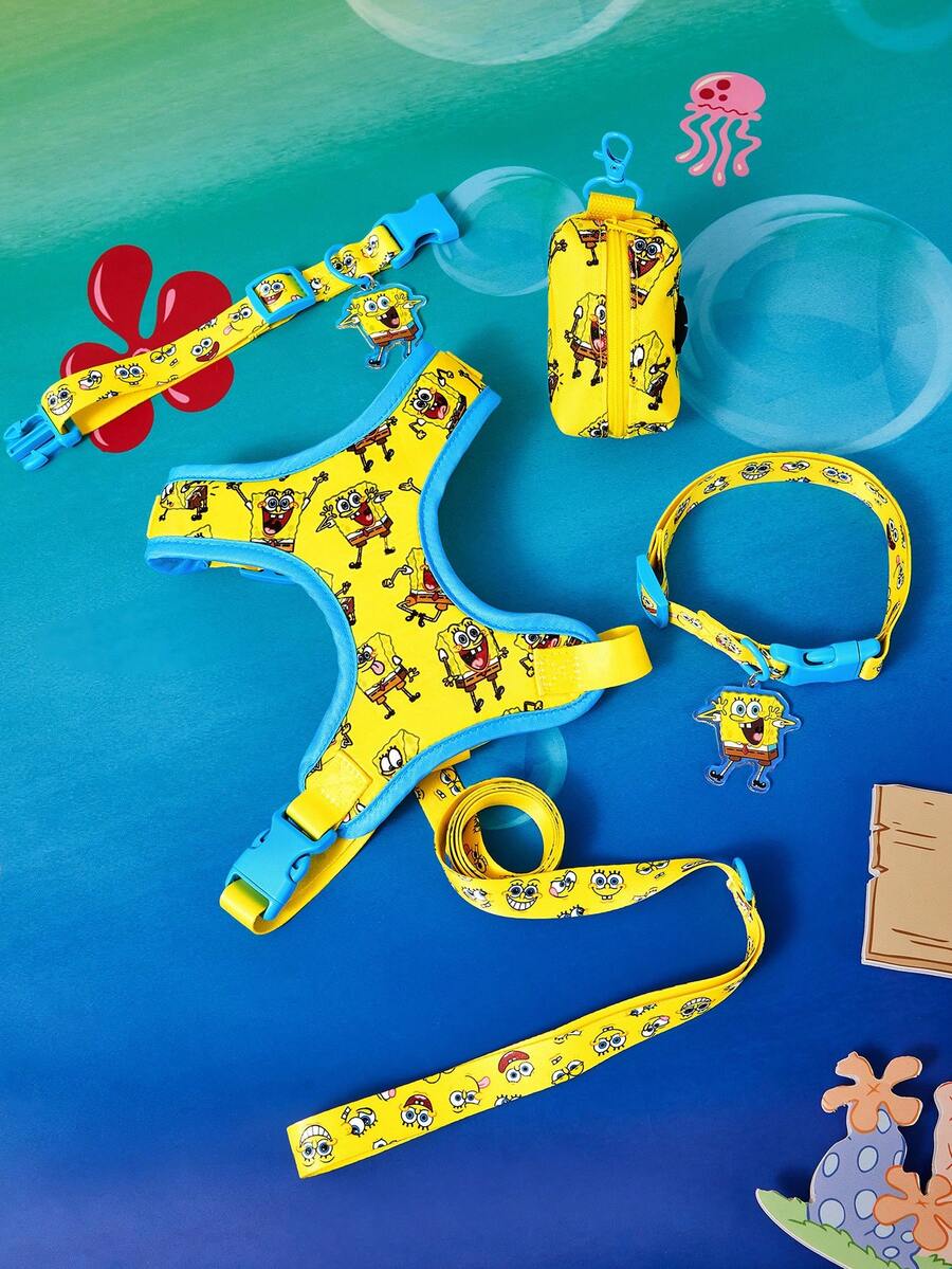 SpongeBob SquarePants | SHEIN 鮮黃色可愛正方形卡通印花寵物胸背帶,附牽繩、項圈與便便袋收納袋,貓狗日常散步用品 - 亮黃色 - 查看 1