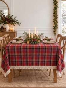 Cirelle Christmas Plaid Tablecloth With Fringe - Festive Red Tartan Plaid Table Cover, Washable Holiday Table Cloth With Tassels For Dining Room, Kitchen & Party - Red - View 2