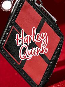 Harley Quinn X SHEIN 拼色菱格鑰匙圈零錢包，拉鍊迷你收納包附壓克力吊飾，可掛式零錢夾，適用日常背包與鑰匙掛飾 - 黑色 - 查看 4
