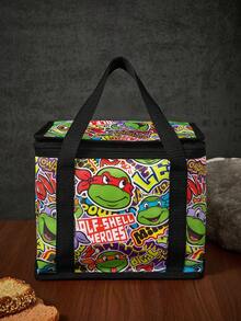 TEENAGE MUTANT NINJA TURTLES | SHEIN 塗鴉角色保溫午餐提袋，便攜手提包，附厚保溫層，適用野餐與日常餐點 - 黑綠 - 查看 3