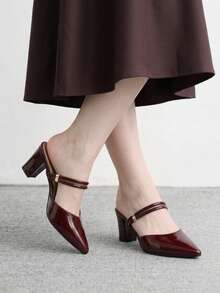 CUCCOO BIZCHIC Double Thin Belt Metal Buckle Pointed Toe Wedge Heel Middle Heel Retro Glossy Burgundy Mules Commuter Wear Slippers Fall Shoes - Burgundy - View 6