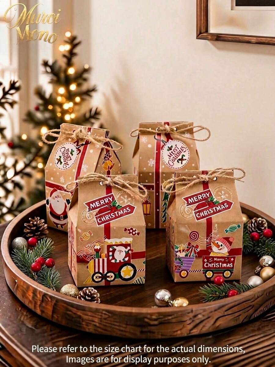 Muroi Mono Christmas Milk-Shaped Kraft Gift Bags Printed With Santa Claus, Snowmen And Little Trains, In A Vintage Festive Style, For Christmas Gift Exchanges And Party Candy Packaging - View 1