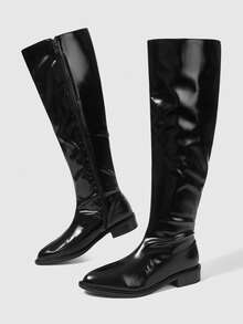 Daringsoles 亮面黑色騎士靴 女款平底膝下修身高筒靴 秋冬百搭女靴 - 黑色 - 查看 3