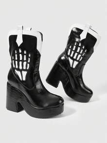 ROMWE Goth Black And White Color Matching Medium Tube Short Boots Women's Thick High Heel Boots - Black and White - View 5