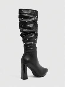 Daringsoles Pleated Leg Rivet Decorative Knee Boots, Loose Tube Pointed, Square Heel Black PU Boots, American Retro Western Style Autumn And Winter Party Wear Fall Boots - Black - View 5