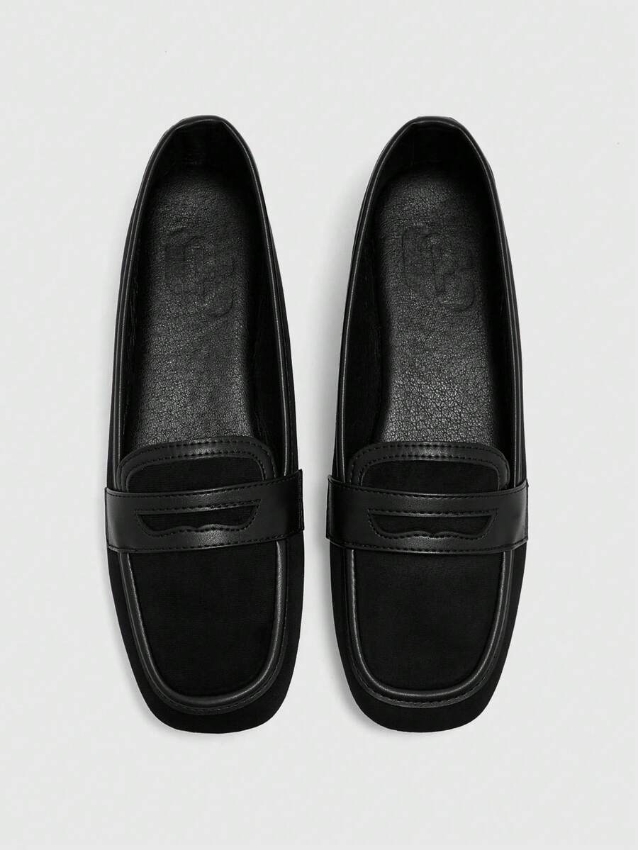 CUCCOO BIZCHIC Spring And Autumn Splicing Square Head Flat Bottom Commuting Style Black Suede Loafer Single Shoes To Work Commuting Shopping Daily Travel Wear - Black - View 1