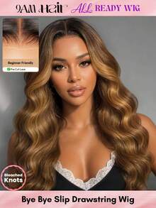 ALL READY WIG Honey 迷人蜂蜜金棕挑染預造型波浪 Bye-Bye Slip 無膠抽繩假髮 顯臉型 防滑 預剪預漂預拔 初學者友善 7x5 蕾絲封口蕾絲前頂假髮 100% 真人髮 透明蕾絲 - SNatural/4/27 - 查看 2
