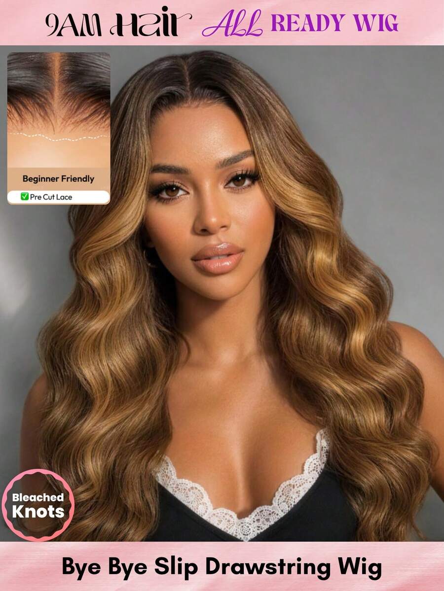 ALL READY WIG Honey 迷人蜂蜜金棕挑染預造型波浪 Bye-Bye Slip 無膠抽繩假髮 顯臉型 防滑 預剪預漂預拔 初學者友善 7x5 蕾絲封口蕾絲前頂假髮 100% 真人髮 透明蕾絲
