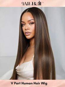 4/30 Ombre Light Brown Highlights Wig V Part Human Hair Full And Beautiful 180% Density Straight Wig Machine Made Wear And Go Black Mixed Brown Colored Wigs For Women 14-28 Inch - S4/30 - View 15