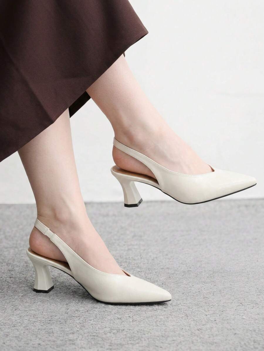 CUCCOO BIZCHIC Korean Minimalist V-Cut Slingback Apricot Pleated Glossy Pointed Toe Block Heel Half-Back Workplace Commute Versatile Back Strap Fall Shoes - Apricot - View 1
