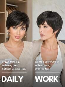 EASY&FRESH Short Layered Pixie Cut Bob Remy Human Hair Wigs For Women 1B Natural Black Side Swept Bangs Full Machine‑Made Glueless None‑Lace Wig For Daily & Party Occasion - Natural Black - View 9