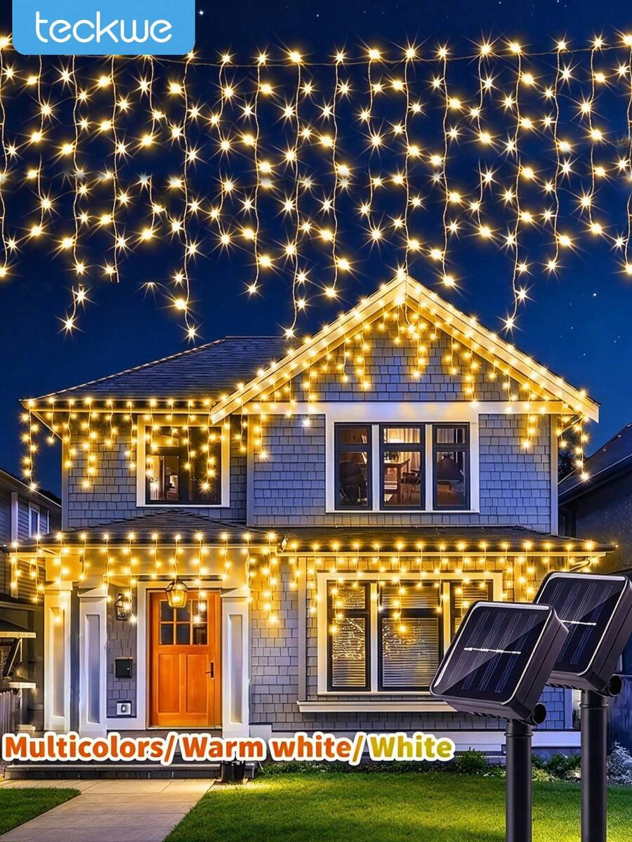 Teckwe Solar Ice Waterfall Light String, 228 Pcs LED Icicle String Light, Outdoor IP44 Halloween Light Strip, 8 Lighting Modes Christmas Lights, Perfect For Christmas, And Thanksgiving Decorations, Patio, Garden, Party, Wedding - Warm White-8 lighting modes - View 1