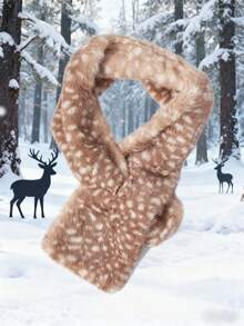 ROMWE 1 Brown Plush Elk Pattern Autumn And Winter Warm Scarf, Fashionable And Casual Y2k Style, Daily And Christmas And Other Holiday Matching Items - Brown - View 1