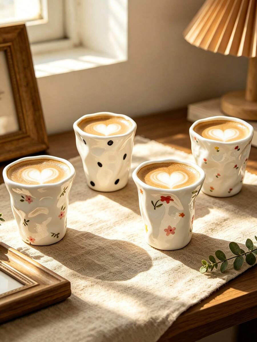 Cirelle 1pc Ins Style Irregular Ceramic Mug, Hand-Painted With Floral And Dotted Patterns, Suitable For Home Breakfast Milk Cups, Office Afternoon Tea Coffee Cups, Latte Froth Cups, Juice And Beverage Cups, Couple Water Cups, And Holiday Gift Cups.