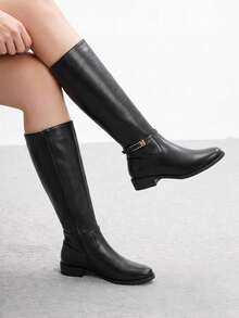 CUCCOO BIZCHIC Ladies Retro British Black Tall Knight Boots Metal Buckle Round Toe Low Heel Side Zipper Knee Boots Autumn And Winter Daily Commuter Versatile Boots - Black - View 3