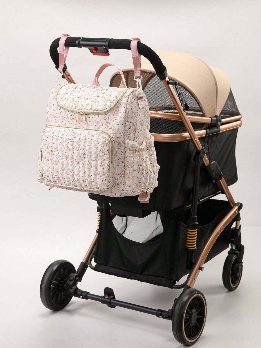 SHEIN 花卉圖案媽媽爸爸通用尿布包後背包,絎縫孕婦包換尿布包,附嬰兒車掛帶 - 彩色 - 查看 1