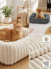 PETSIN 1Pc Striped Plush Pet Bed, Crafted With Thickened Fluffy Plush Fabric In Ribbed Design, Offers Warm Cushioned Support For Rest, All-Season Usable, Ideal For Small Cats And Puppies Resting Inside Bedroom And Living Space. - Multicolor - View 4