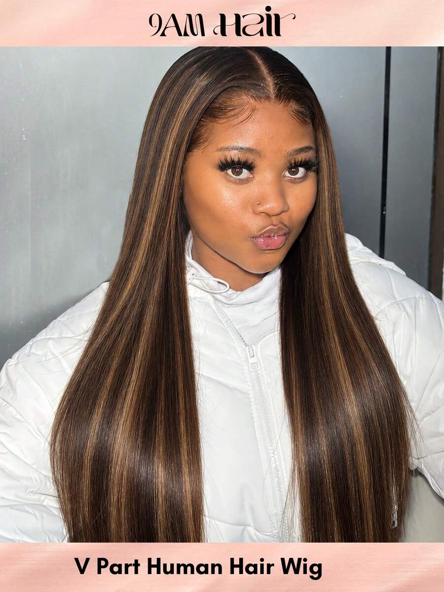 4/30 Ombre Light Brown Highlights Wig V Part Human Hair Full And Beautiful 180% Density Straight Wig Machine Made Wear And Go Black Mixed Brown Colored Wigs For Women 14-28 Inch - S4/30 - View 1