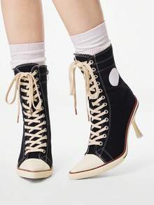 ROMWE Grunge Punk Women's Short Boots And Ankle Boots, Pointed-Toed Stiletto High-Lace-Up Dark Rock Punk Boots, Riveted Y2K Goth Boots, Knight Motorcycle Boots - Black -0004 - View 3